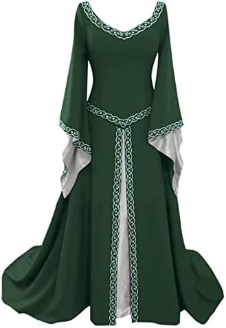 Yeehliny Mittelalter Kleid Damen Mittelalterliche Kleider mit Trompetenärmel Renaissance Kostüme Langes Kleid für Halloween Fasching Karneval Gothic Cosplay Party Maxikleid Kostüm von Yeehliny