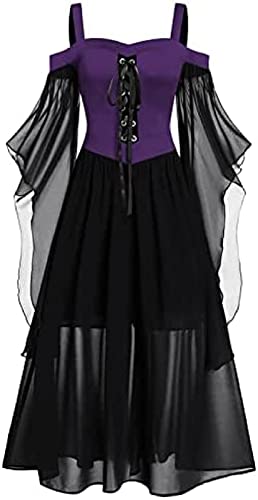 Yeehliny Mittelalter Kleid Damen Renaissance Mittelalter Kostüme Kleid Trompetenärmel Gothic Retro Kleid Halloween Fasching Karneval Kostüm Vintage Mittelalterkleid für Damen, Lila+schwarz, 3XL von Yeehliny