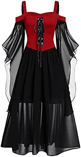 Yeehliny Damen Mittelalterkleid Rot, Schwarz XXL Renaissance Maxi Off-the-Shoulder Prinzesskleid mit Schmetterlingärmeln und Corset-Back für Erwachsene Frauen Halloween Kostüm von Yeehliny