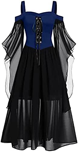 Yeehliny Mittelalter Kleid Damen Renaissance Mittelalter Kostüme Kleid Trompetenärmel Gothic Retro Kleid Halloween Fasching Karneval Kostüm Vintage Mittelalterkleid für Damen, 3XL, Blau+schwarz von Yeehliny