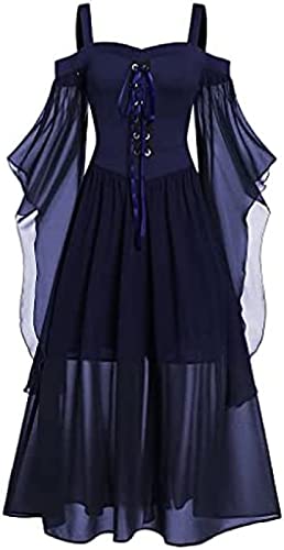 Yeehliny Mittelalter Kleid Damen Renaissance Mittelalter Kostüme Kleid Trompetenärmel Gothic Retro Kleid Halloween Fasching Karneval Kostüm Vintage Mittelalterkleid für Damen, 3XL, Marine von Yeehliny