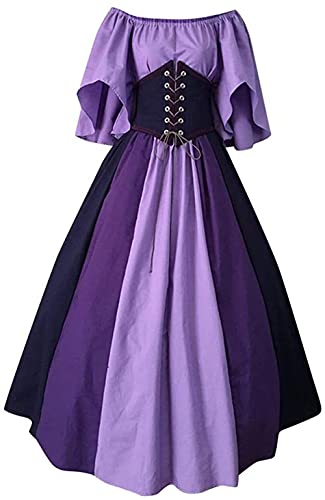 Yeehliny Mittelalter Kleid Damen Vintage Patchwork Schulterfrei Lang Kleider Prinzessin Kleid mit Schnürung Details Partykleid Abendkleider Damenkostüm Cosplay für Halloween Karneval von Yeehliny