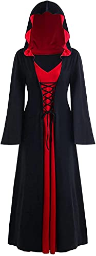 Yeehliny Mittelalter Kleidung Damen Gothic Steampunk Langarm Mittelalter Kleid mit Kapuze Schnürung Langes Kleid Abendkleider Maxi Kleider Partykleider Damenkostüm Cosplay für Halloween Karneval von Yeehliny