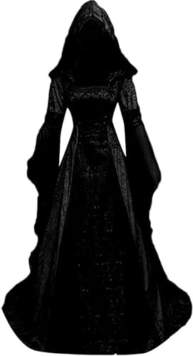 Yeehliny Mittelalter Kleidung Damen Mittelalter Kleid Mit Kapuze Damen Gothic Kleidung Vintage Schnüren Maxikleid Mit Trompetenärmel Halloween Kostüm Cosplay Karneval Kleidung Große Größe von Yeehliny