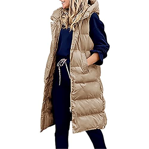 Yeehliny Steppweste Damen Lang Lässige Einfarbig Schlanke Langweste Mit Kapuze Winddichte Warm Westen Freizeit Winterweste Leicht Kapuzenweste Steppmantel Windbreaker Sportweste Damen-Westen (L, C5) von Yeehliny