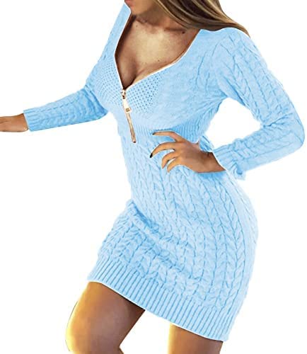 Yeehliny Strickkleid Damen V-Ausschnitt Pulloverkleid Elegant Langarm Einfarbige Strick Twist Pullover Kleid Causual Warme Minikleid Winterkleid Strickkleider Sweater Kleid mit Reißverschluss von Yeehliny