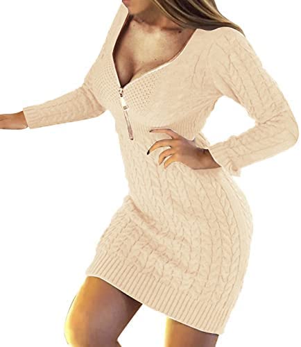 Yeehliny Strickkleid Damen V-Ausschnitt Pulloverkleid Elegant Langarm Einfarbige Strick Twist Pullover Kleid Causual Warme Minikleid Winterkleid Strickkleider Sweater Kleid mit Reißverschluss von Yeehliny