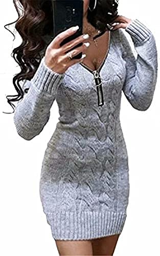 Yeehliny Strickkleid Damen V-Ausschnitt Pulloverkleid Elegant Langarm Einfarbige Strick Twist Pullover Kleid Causual Warme Minikleid Winterkleid Strickkleider Sweater Kleid mit Reißverschluss von Yeehliny