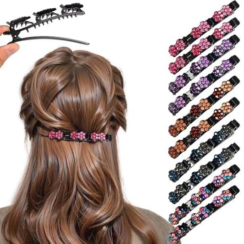 Doppelschicht Haarspange, 10 Stück Glitzernde Kristallsteinen Geflochtene Haarspangen, Elegante Haarstyling Clips mit 3 Mini Haarspangen, Kolibri Haarspange für Damen und Mädchen von Yeelan