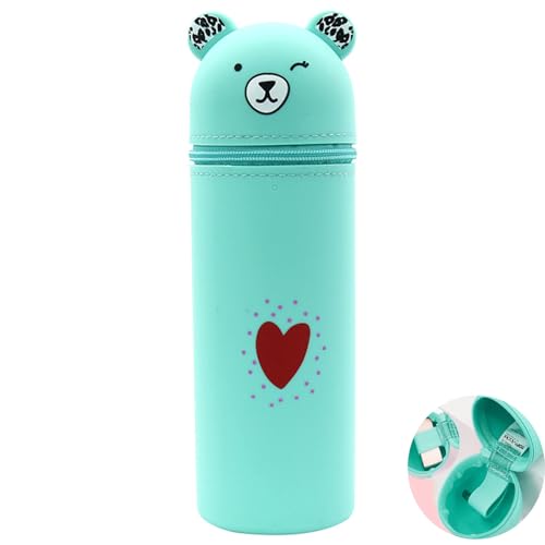 Yeenano Federmäppchen,Niedlicher Bär Federtasche Halter,2 in 1 Kawaii Weiches Silikon Federmäppchen Federmäppchen Cartoon Tier Bleistifthalter Große Stand Up Für Kinder Studenten Erwachsene von Yeenano