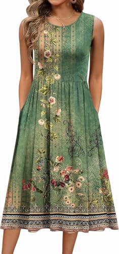 Damen Sommerkleid Ärmellos Rundhals Elegant Blumenkleid Freizeitkleider A Linie Midi Tank Kleider Kleid mit Taschen Strandkleid(Grün, XXL) von Yeenily