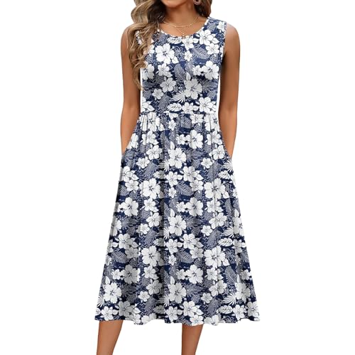 Damen Sommerkleid Ärmellos Rundhals Elegant Blumenkleid Freizeitkleider A Linie Midi Tank Kleider Kleid mit Taschen Strandkleid(Marineblau Bedruckt, XL) von Yeenily