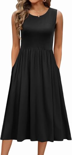 Damen Sommerkleid Ärmellos Rundhals Elegant Blumenkleid Freizeitkleider A Linie Midi Tank Kleider Kleid mit Taschen Strandkleid(Schwarz, XXL) von Yeenily
