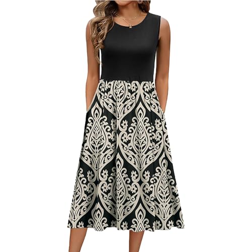 Damen Sommerkleid Ärmellos Rundhals Elegant Blumenkleid Freizeitkleider A Linie Midi Tank Kleider Kleid mit Taschen Strandkleid(Schwarz Bedruckt, S) von Yeenily