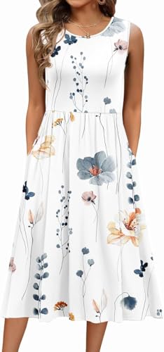 Damen Sommerkleid Ärmellos Rundhals Elegant Blumenkleid Freizeitkleider A Linie Midi Tank Kleider Kleid mit Taschen Strandkleid(Weiß, XXL) von Yeenily