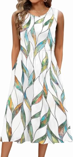 Damen Sommerkleid Ärmellos Rundhals Elegant Blumenkleid Freizeitkleider A Linie Midi Tank Kleider Kleid mit Taschen Strandkleid(Weißes Blatt, M) von Yeenily