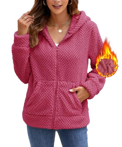 Damen Winterjacke Hoodie Fleecejacke Warm Wintermantel Stilvoller Pullover Strickjacke Reißverschluss Plüschjacke Herbst Kurz Mantel Winter Jacke Oberteile Mode Kapuzenjacke Mit Taschen (Rosenrot, S) von Yeenily