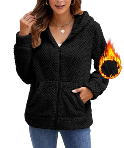 Damen Winterjacke Hoodie Fleecejacke Warm Wintermantel Stilvoller Pullover Strickjacke Reißverschluss Plüschjacke Herbst Kurz Mantel Winter Jacke Oberteile Mode Kapuzenjacke Mit Taschen (Schwarz, XL) von Yeenily