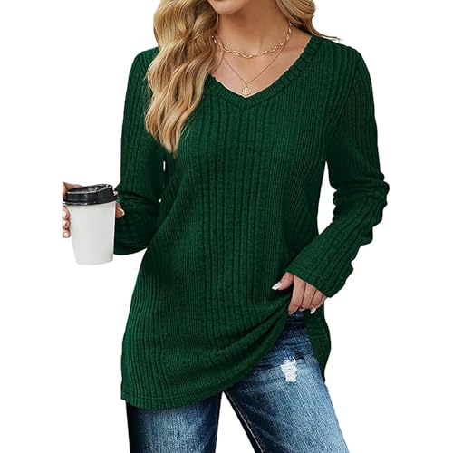 Pullover Damen Langarmshirt V-Ausschnitt Shirt Sweatshirt Sweater Strickpullover Herbst Winter (Grün, S) von Yeenily