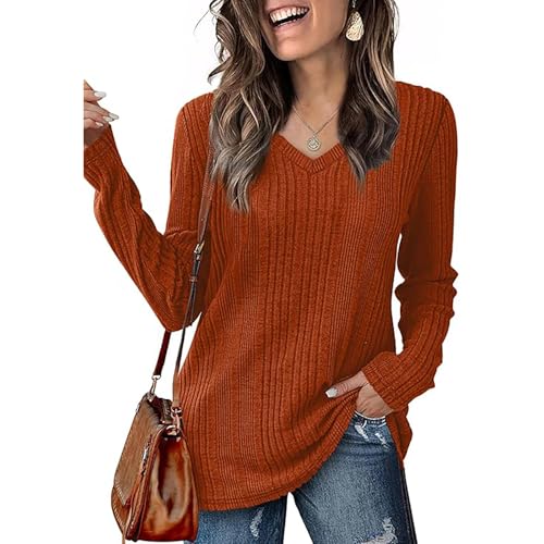 Pullover Damen Langarmshirt V-Ausschnitt Shirt Sweatshirt Sweater Strickpullover Herbst Winter (Rot, M) von Yeenily