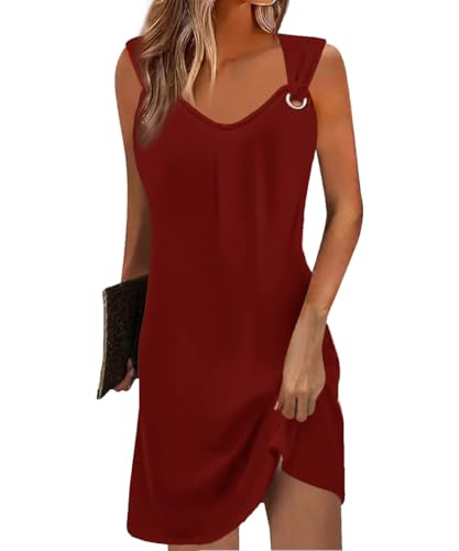Sommerkleid Damen Ärmellos V-Ausschnitt Freizeitkleider Elegant Tank Kleider Lässig Locker Trägerkleid Sommer Minikleid Mode Strandkleider Kurze Tunique Blushkleid (Weinrot, S) von Yeenily