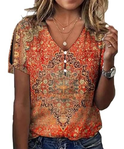 T-Shirt Damen V-Ausschnitt Kurzarm Oberteile Bedruckte Sommer Tunika Lässig Lockere Strand Bluse Elegant Knopfleiste Tops Basic Blusenshirt (Orange, L) von Yeenily
