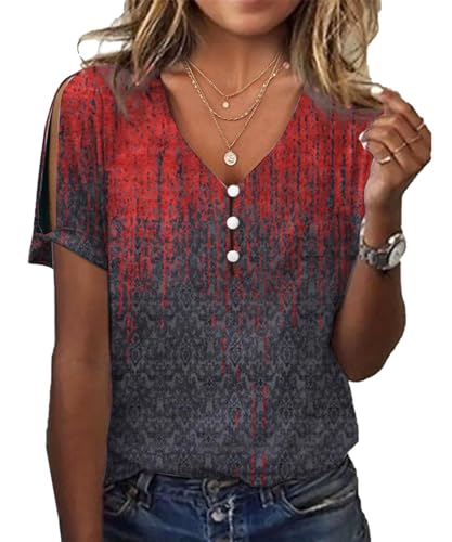 T-Shirt Damen V-Ausschnitt Kurzarm Oberteile Bedruckte Sommer Tunika Lässig Lockere Strand Bluse Elegant Knopfleiste Tops Basic Blusenshirt (Schwarz Grau, M) von Yeenily