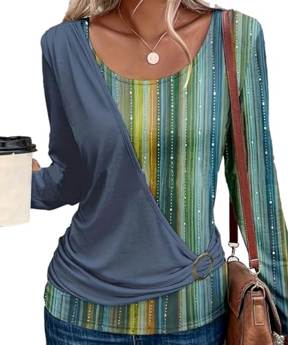 Yeenily Bluse Damen Langarm Tshirt Elegant Tunika Lässig Lockere Hemd Runde Ausschnitt Blusenshirt Freizeit Mode Oberteil Tops (Blau, M) von Yeenily