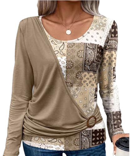 Yeenily Bluse Damen Langarm Tshirt Elegant Tunika Lässig Lockere Hemd Runde Ausschnitt Blusenshirt Freizeit Mode Oberteil Tops (Braun, M) von Yeenily
