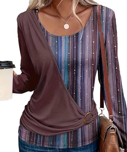 Yeenily Bluse Damen Langarm Tshirt Elegant Tunika Lässig Lockere Hemd Runde Ausschnitt Blusenshirt Freizeit Mode Oberteil Tops (Braun, XXL) von Yeenily