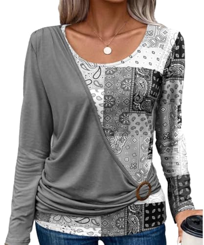 Yeenily Bluse Damen Langarm Tshirt Elegant Tunika Lässig Lockere Hemd Runde Ausschnitt Blusenshirt Freizeit Mode Oberteil Tops (Grau, XL) von Yeenily