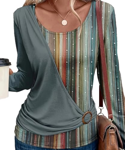 Yeenily Bluse Damen Langarm Tshirt Elegant Tunika Lässig Lockere Hemd Runde Ausschnitt Blusenshirt Freizeit Mode Oberteil Tops (Grün, M) von Yeenily