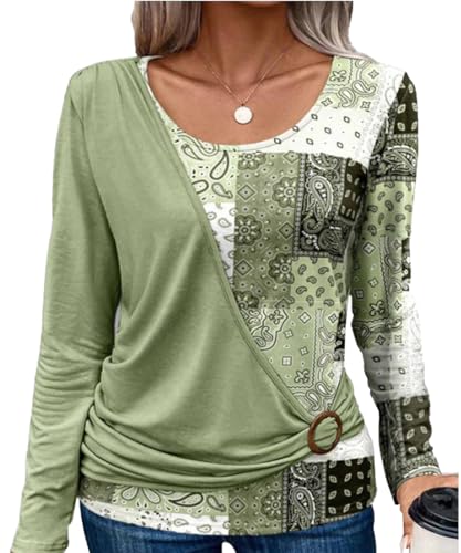 Yeenily Bluse Damen Langarm Tshirt Elegant Tunika Lässig Lockere Hemd Runde Ausschnitt Blusenshirt Freizeit Mode Oberteil Tops (Grün, XL) von Yeenily
