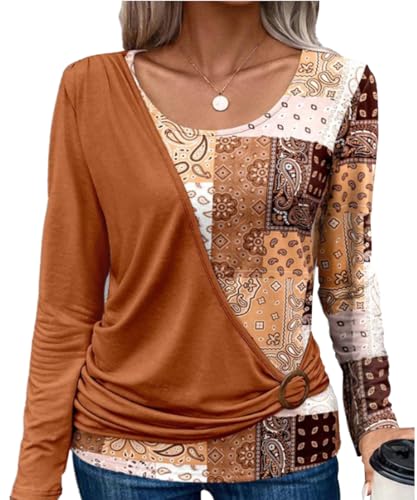 Yeenily Bluse Damen Langarm Tshirt Elegant Tunika Lässig Lockere Hemd Runde Ausschnitt Blusenshirt Freizeit Mode Oberteil Tops (Koralle, S) von Yeenily