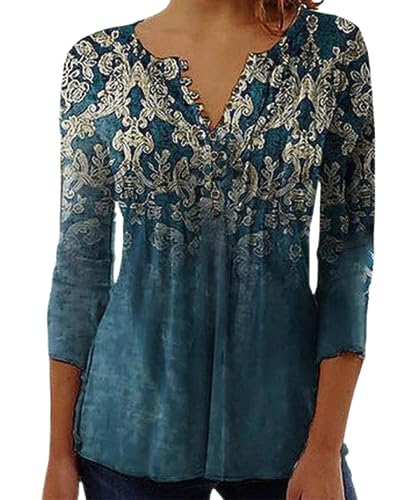 Yeenily Damen 3/4 Ärmel T-Shirt V-Ausschnitt Plissiert Knopfleiste Blusentop Herbst Lässige Tops Lose Bluse(Blau,XL) von Yeenily