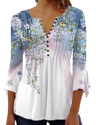 Yeenily Damen 3/4 Ärmel T-Shirt V-Ausschnitt Plissiert Knopfleiste Blusentop Herbst Lässige Tops Lose Bluse(Blaue Blume,M) von Yeenily