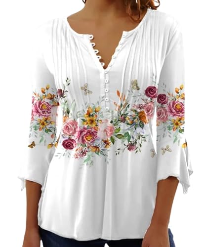 Yeenily Damen 3/4 Ärmel T-Shirt V-Ausschnitt Plissiert Knopfleiste Blusentop Herbst Lässige Tops Lose Bluse(Weiß,L) von Yeenily
