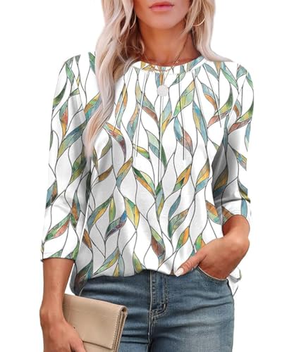 Yeenily Damen Bluse Langarm 3/4 Tunika Runde Ausschnitt Longshirt Mode Freizeit Oberteil Elegant Hemd Tops Lässig Lockere Tshirt von Yeenily