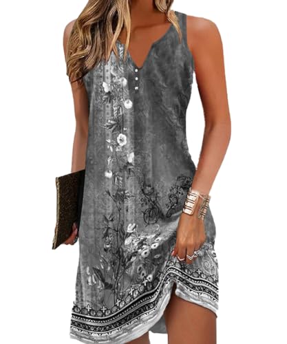 Yeenily Damen Bohemian Ärmellos Kleid V-Ausschnitt Blumenmuster Tunikakleider A Linien Lose Lässiges MiniKleid Freizeitkleid(Ärmellos Grau,XXL) von Yeenily