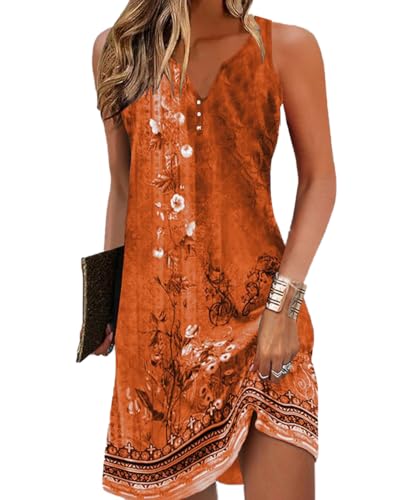 Yeenily Damen Bohemian Ärmellos Kleid V-Ausschnitt Blumenmuster Tunikakleider A Linien Lose Lässiges MiniKleid Freizeitkleid（Ärmellos Orange，L von Yeenily