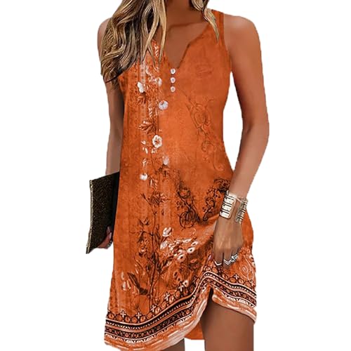 Yeenily Damen Bohemian Ärmellos Kleid V-Ausschnitt Blumenmuster Tunikakleider A Linien Lose Lässiges MiniKleid Freizeitkleid（Ärmellos Orange，XXL von Yeenily