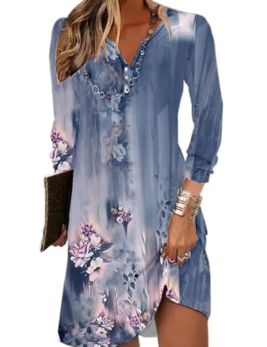 Yeenily Damen Bohemian Langarm Kleid V-Ausschnitt Blumenmuster Tunikakleider A Linien Lose Lässiges MiniKleid Freizeitkleid(Blau,S) von Yeenily