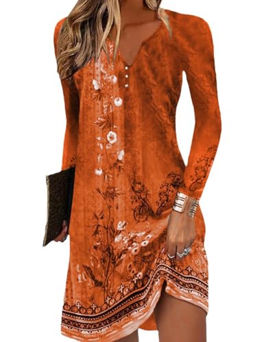 Yeenily Sommerkleid Damen V-Ausschnitt Strandkleid Damen Kleid Langarm Damen Boho Kleidung Damen Elegant Kleid Festlich Damen Blumen Damenkleider Lose Sommerkleider für Frauen (Orange, XXL) von Yeenily