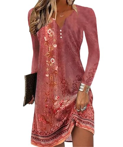 Yeenily Damen Bohemian Langarm Kleid V-Ausschnitt Blumenmuster Tunikakleider A Linien Lose Lässiges MiniKleid Freizeitkleid (Rot, XL) von Yeenily