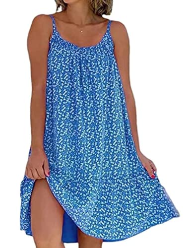 Yeenily Damen Freizeitkleid Ärmelloses Kleid Floral Spaghetti-Träger Kurze Kleider Sommer Lässiges Strandkleid(Blau,S) von Yeenily