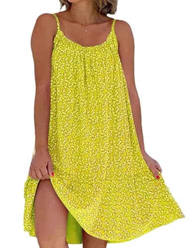 Yeenily Damen Freizeitkleid Ärmelloses Kleid Floral Spaghetti-Träger Kurze Kleider Sommer Lässiges Strandkleid(Gelb,XXL) von Yeenily