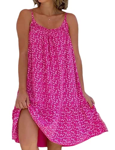 Yeenily Damen Freizeitkleid Ärmelloses Kleid Floral Spaghetti-Träger Kurze Kleider Sommer Lässiges Strandkleid(Rosa,L) von Yeenily