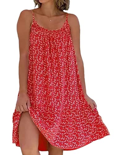 Yeenily Damen Freizeitkleid Ärmelloses Kleid Floral Spaghetti-Träger Kurze Kleider Sommer Lässiges Strandkleid(Rot,M) von Yeenily