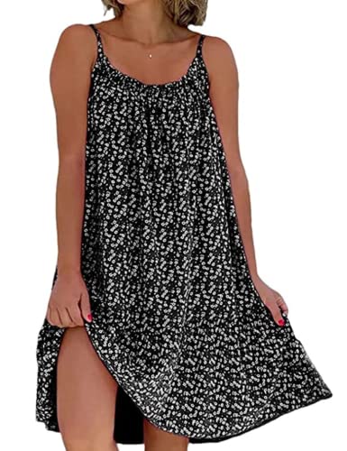 Yeenily Damen Freizeitkleid Ärmelloses Kleid Floral Spaghetti-Träger Kurze Kleider Sommer Lässiges Strandkleid(Schwarz,L) von Yeenily