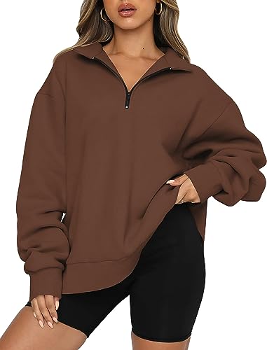 Yeenily Damen Half Zip Sweatshirt Fleece Stehkragen Langarm Oversized Stehkragen Herbst und Winter Wärme Sweatshirts Oberteile(Braun,S) von Yeenily